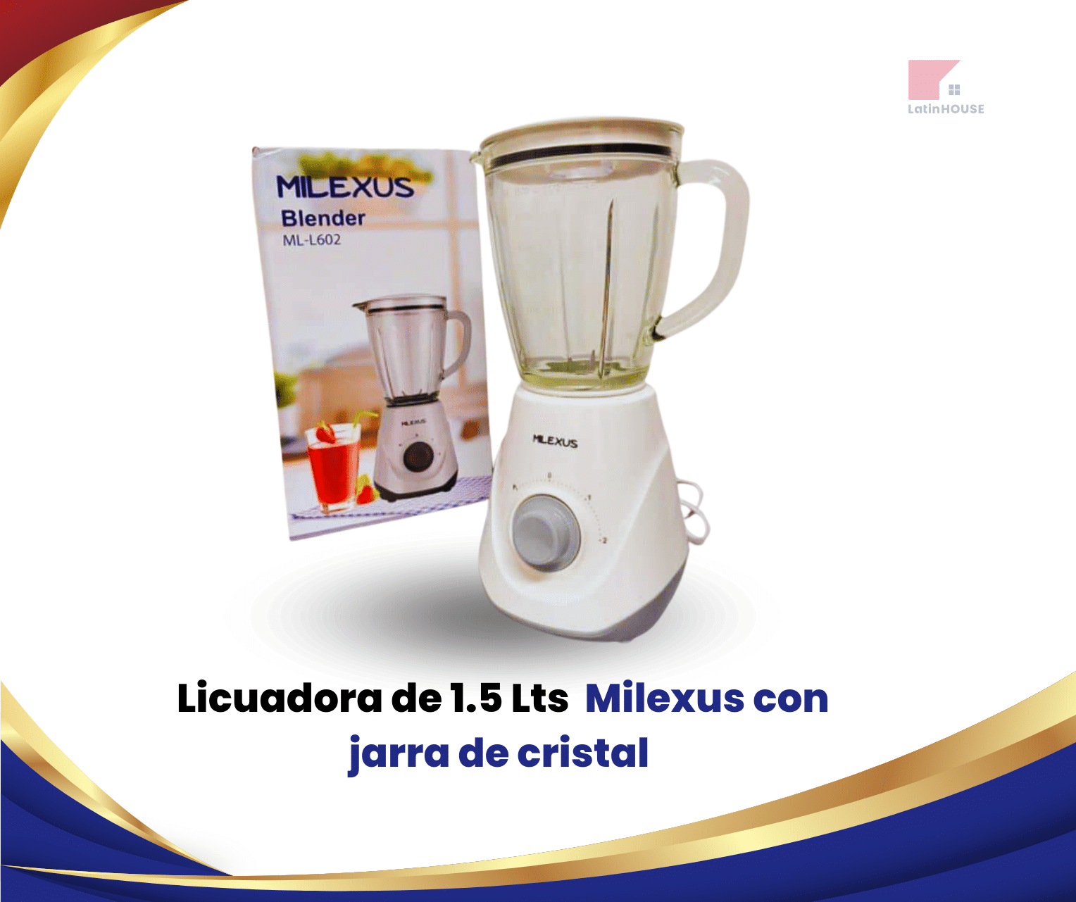 Licuadora Milexus de 1.5 litros con jarra de cristal marca Royal